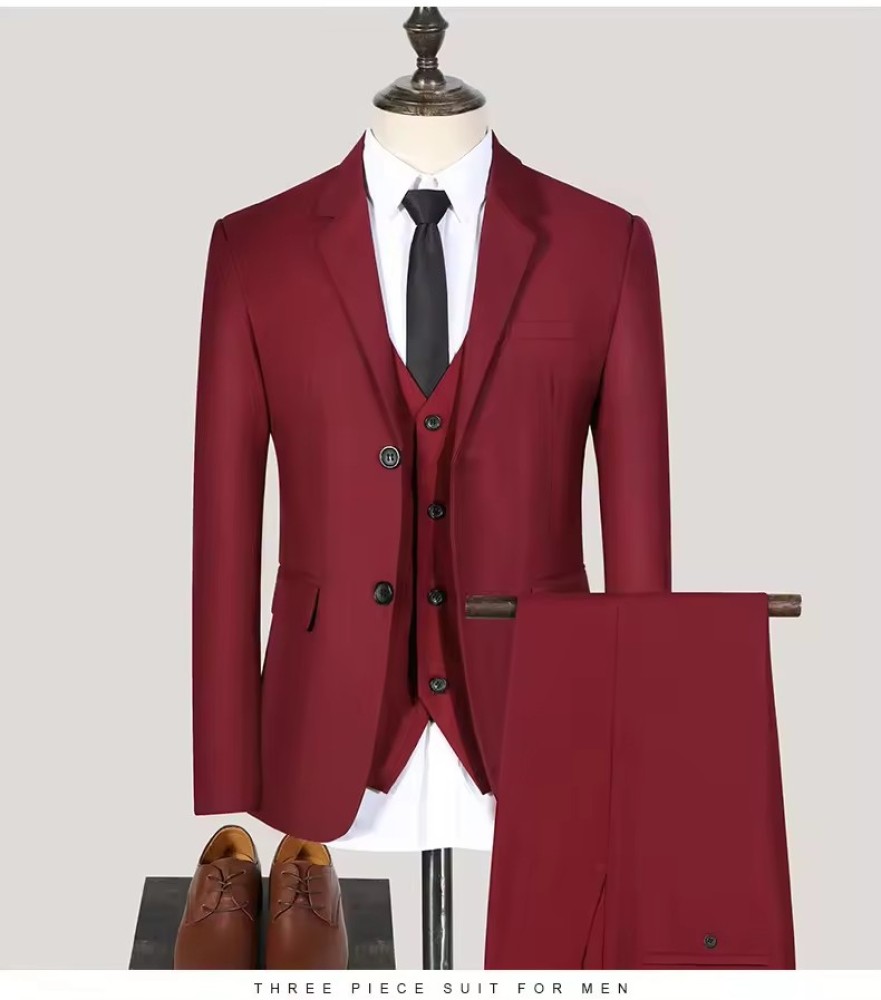 luxurious Customized New Design Double Breasted Men's Suit With Pants Burgundy 2 Pieces Slim Fit Wedding Costume Homme Party Prom Blazer Male Wear