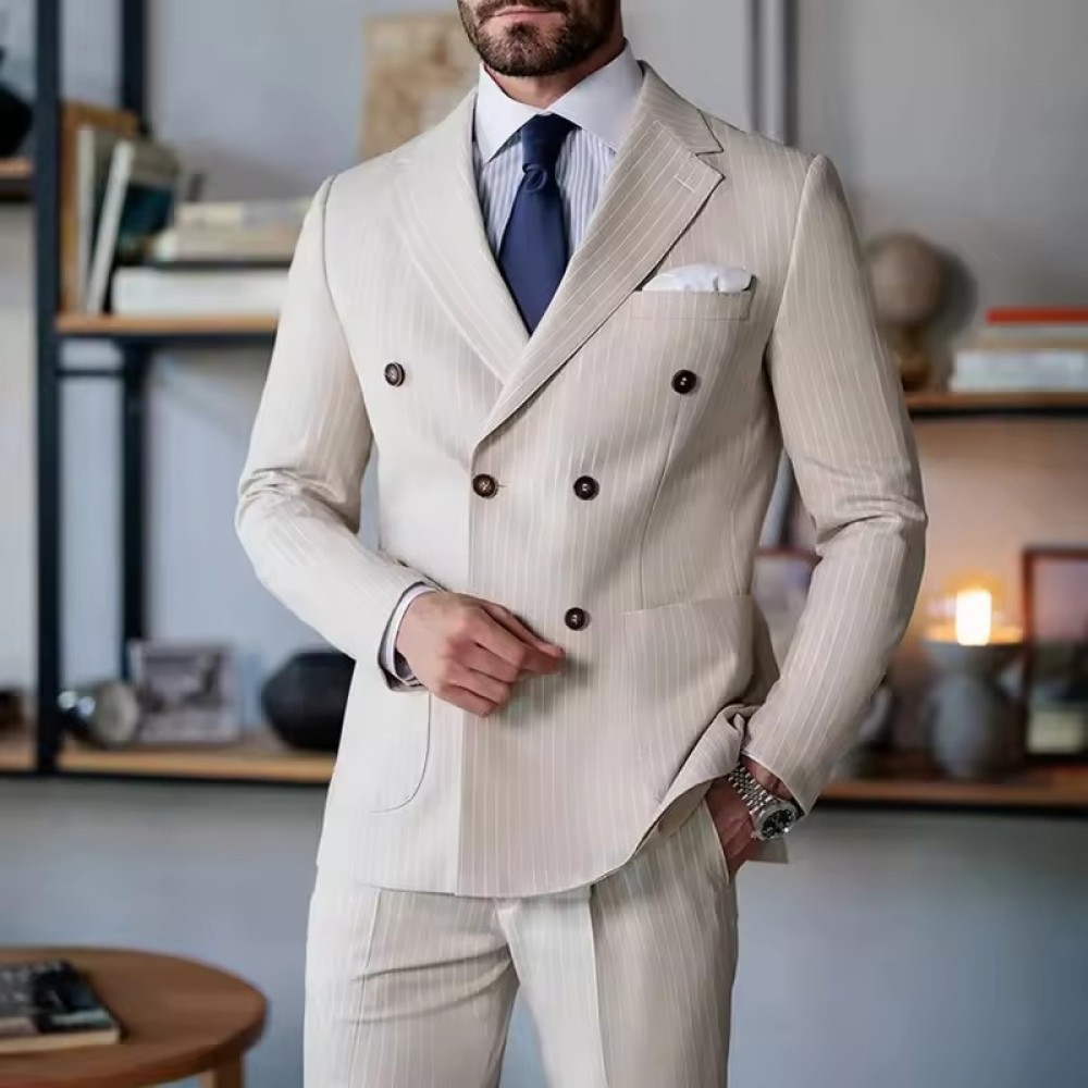luxurious Customized Men's Barge Collar Business Exquisite Double Breasted Upscale Groom Casual Striped Suit Two Piece Set Suit Men
