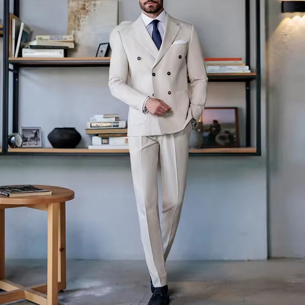 luxurious Customized Men's Barge Collar Business Exquisite Double Breasted Upscale Groom Casual Striped Suit Two Piece Set Suit Men
