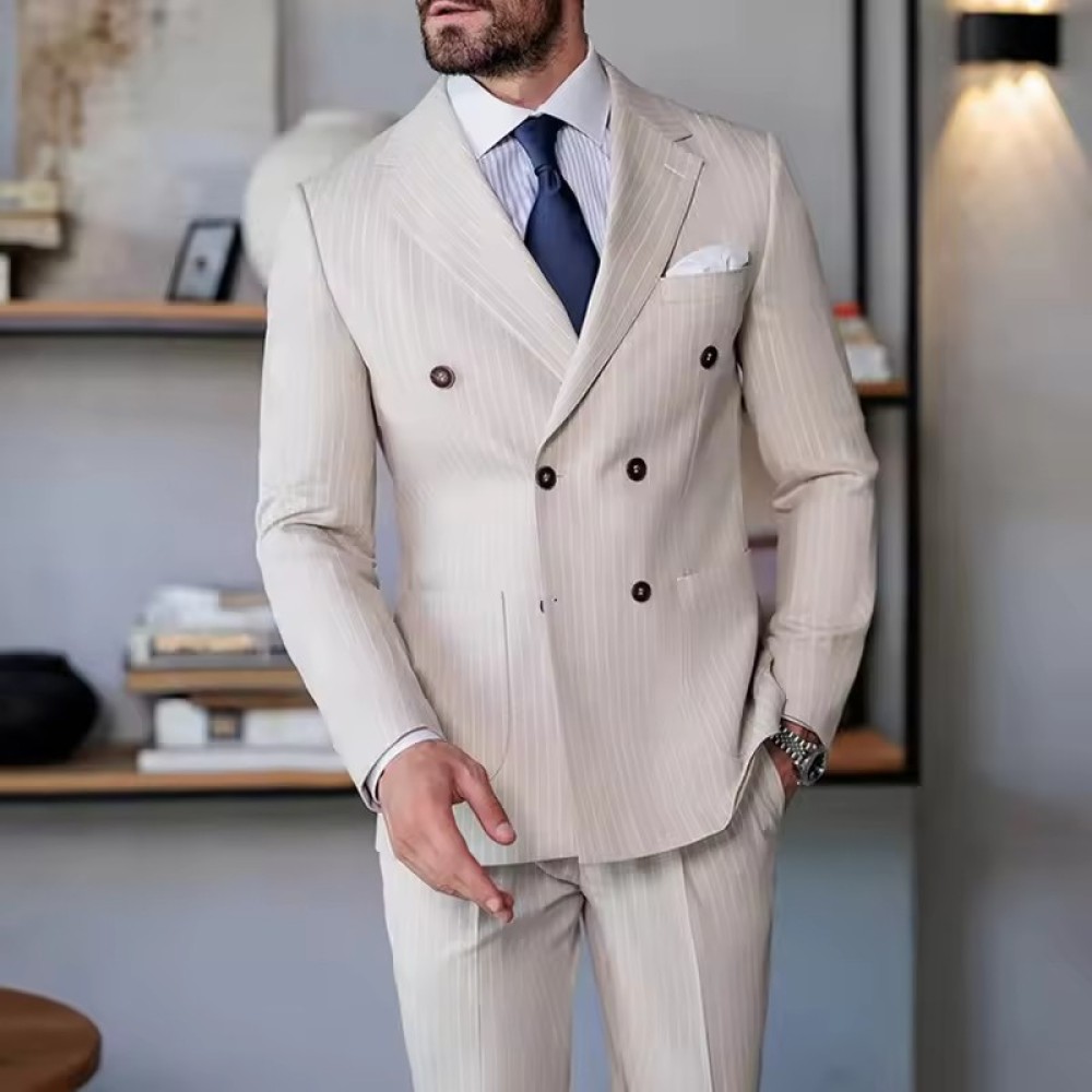 luxurious Customized Men's Barge Collar Business Exquisite Double Breasted Upscale Groom Casual Striped Suit Two Piece Set Suit Men