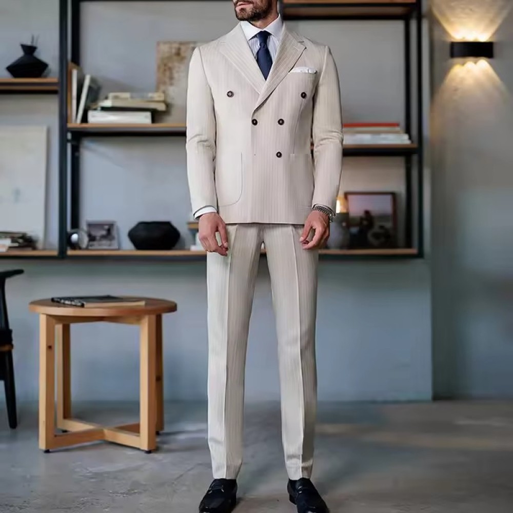 luxurious Customized Men's Barge Collar Business Exquisite Double Breasted Upscale Groom Casual Striped Suit Two Piece Set Suit Men
