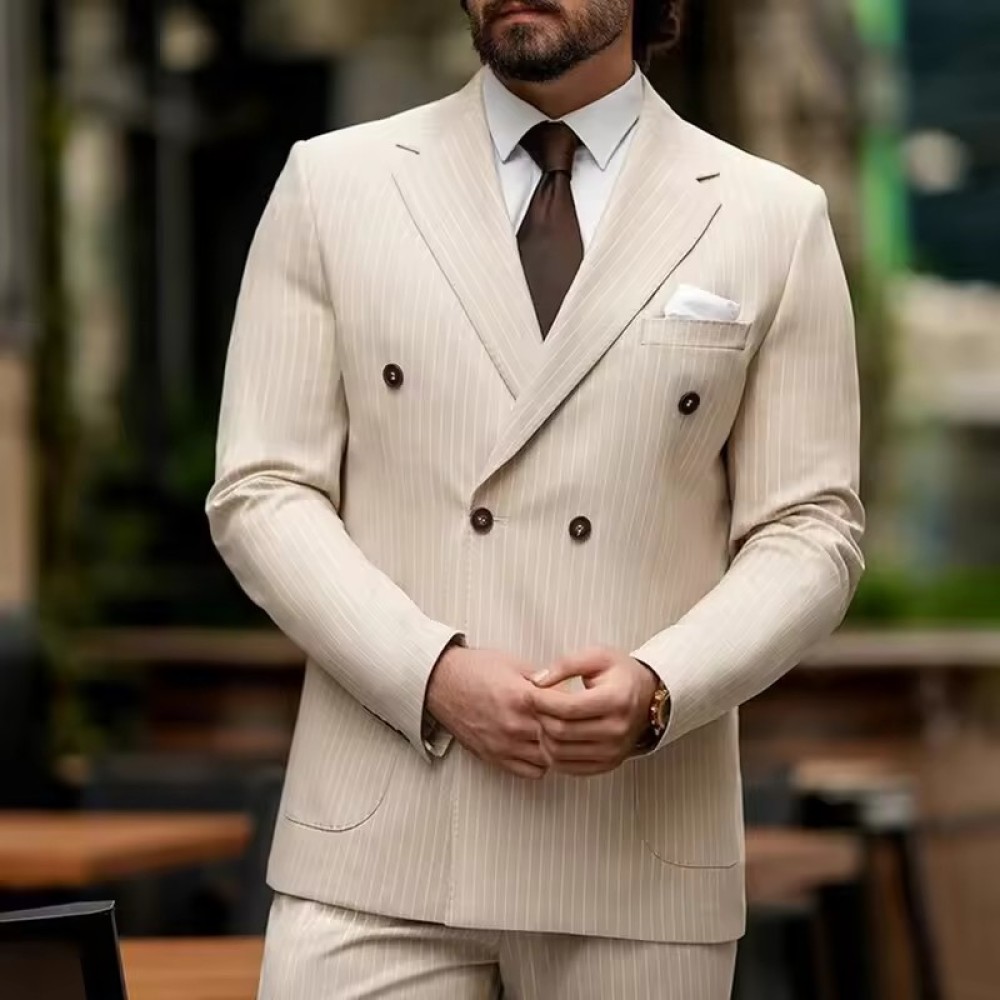 luxurious Customized Men's Barge Collar Business Exquisite Double Breasted Upscale Groom Casual Striped Suit Two Piece Set Suit Men