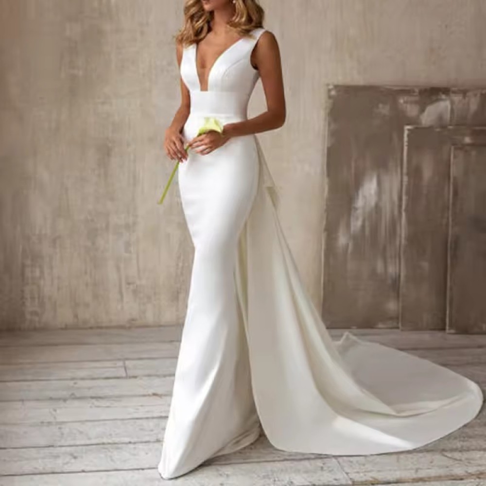 luxurious Customized Light Wedding Dress Simple French Satin Hepburn Trailing New Bride Korean Style Puff Sleeve White Wedding Dress