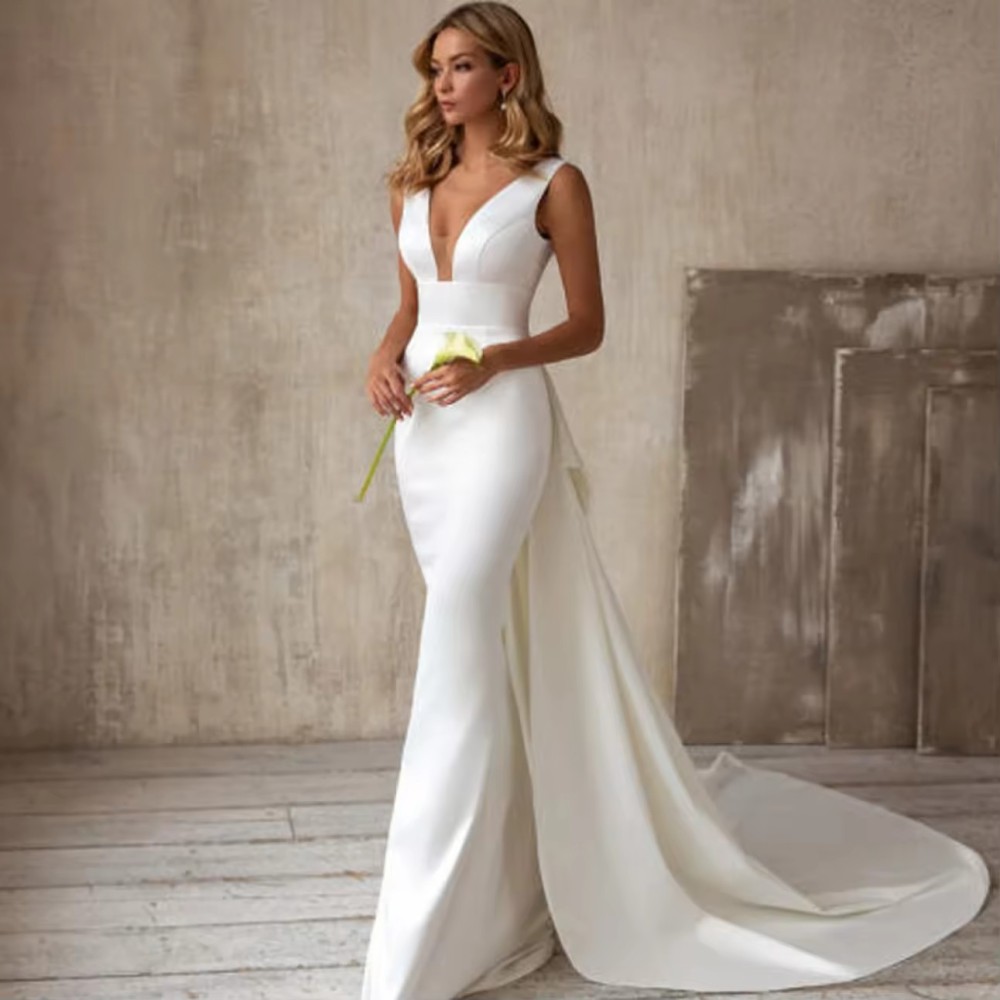 luxurious Customized Light Wedding Dress Simple French Satin Hepburn Trailing New Bride Korean Style Puff Sleeve White Wedding Dress