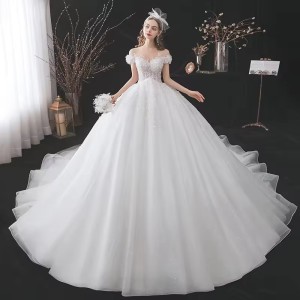 luxurious Customized Wedding Dresses With Veil Purple Wedding Dresses Ball Gown Short Sleeve Long Trailing Beaded Wedding Dress Sexy