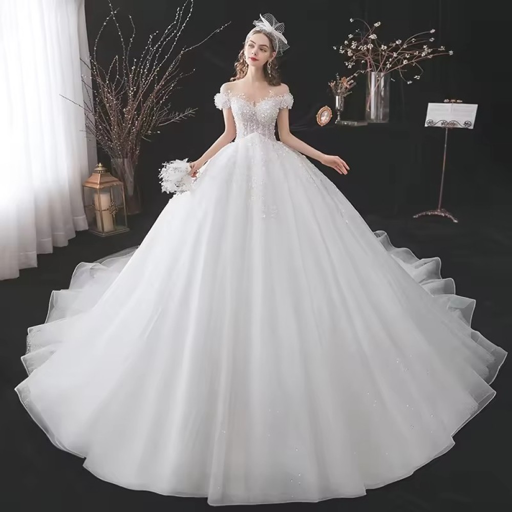 luxurious Customized Wedding Dresses With Veil Purple Wedding Dresses Ball Gown Short Sleeve Long Trailing Beaded Wedding Dress Sexy