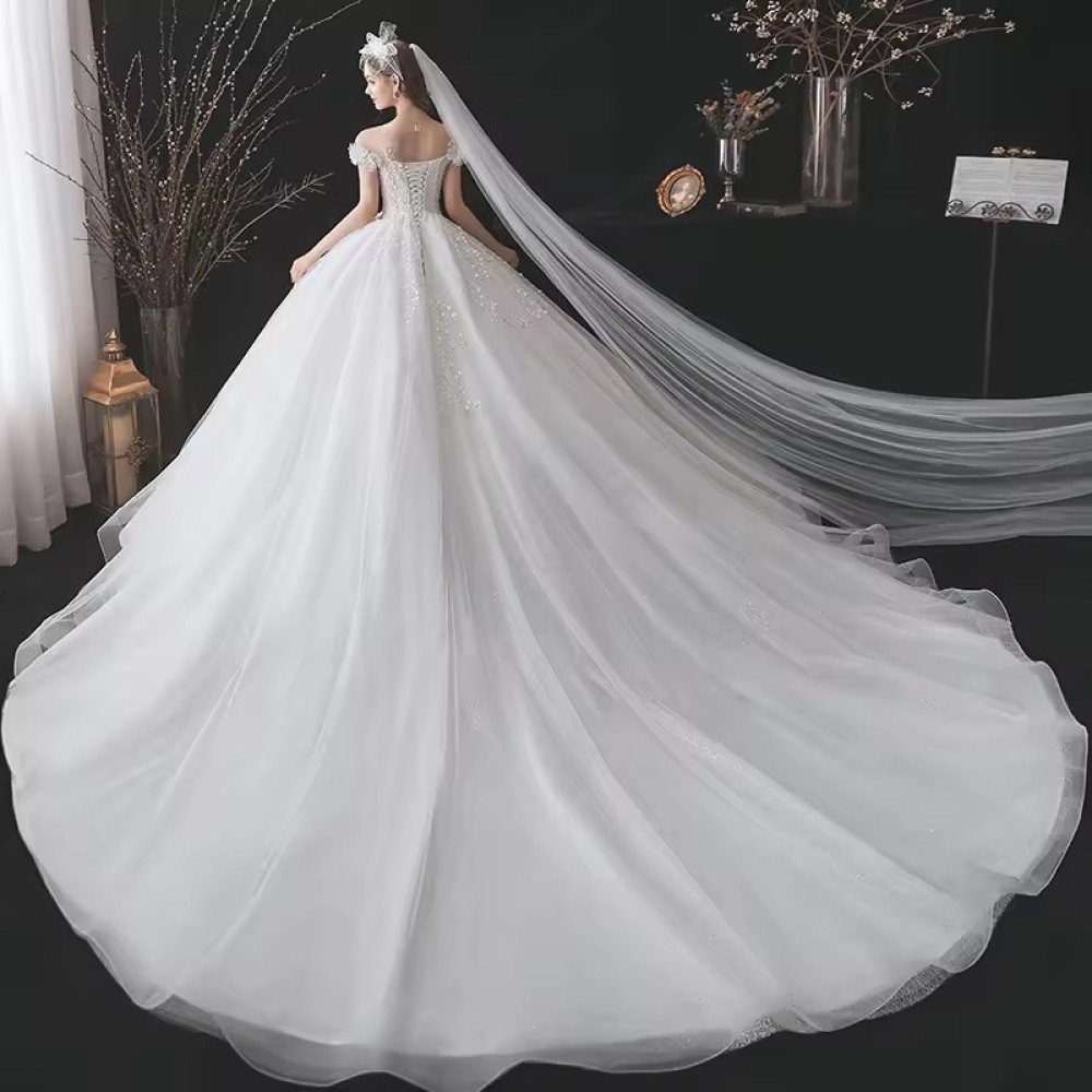 luxurious Customized Wedding Dresses With Veil Purple Wedding Dresses Ball Gown Short Sleeve Long Trailing Beaded Wedding Dress Sexy
