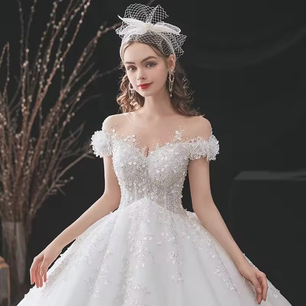 luxurious Customized Wedding Dresses With Veil Purple Wedding Dresses Ball Gown Short Sleeve Long Trailing Beaded Wedding Dress Sexy
