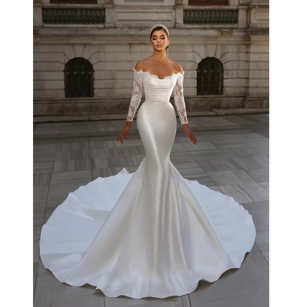 luxurious Customized Latest Mermaid Off Shoulder Wedding Dresses Sexy Bridal Gown With Lace Long Sleeve