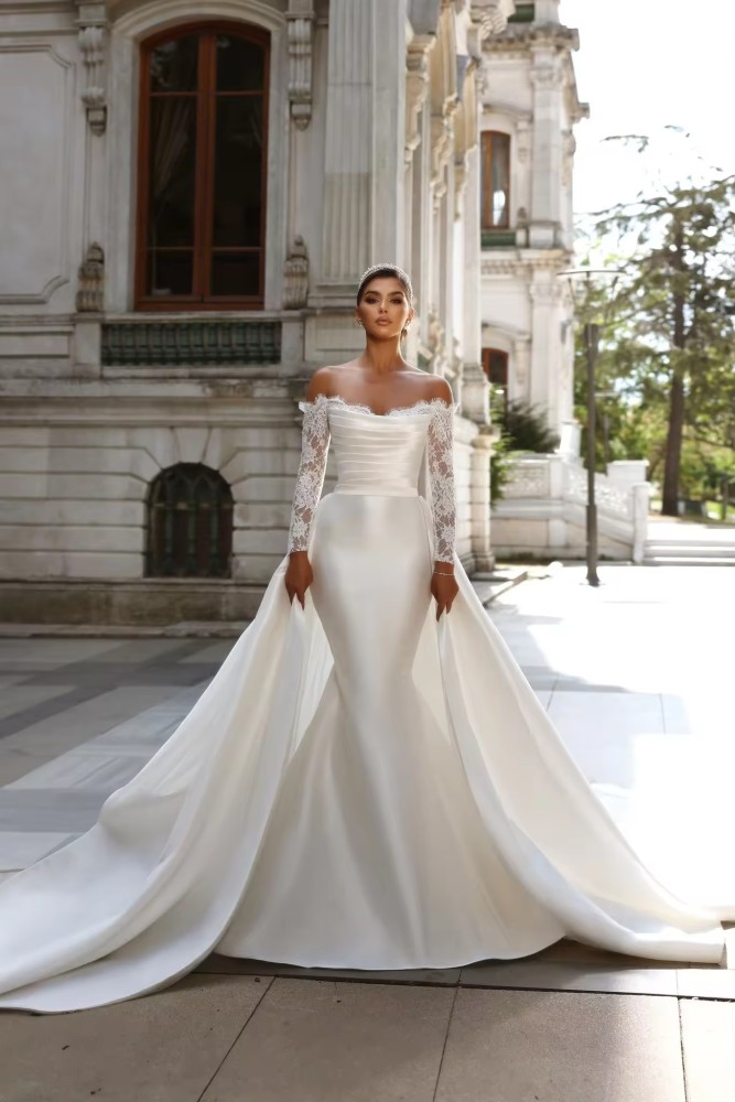 luxurious Customized Latest Mermaid Off Shoulder Wedding Dresses Sexy Bridal Gown With Lace Long Sleeve