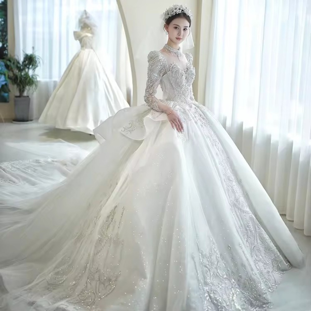 luxurious Customized New Bride Light Luxury Big Train Slimming Princess Long Sleeves Wrap Wedding Dresses