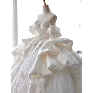 luxurious Customized Off-Shoulder Heavy Industry Luxury Light Diamond Wedding Dress Bride Princess Large Tail White Court Wedding Dress