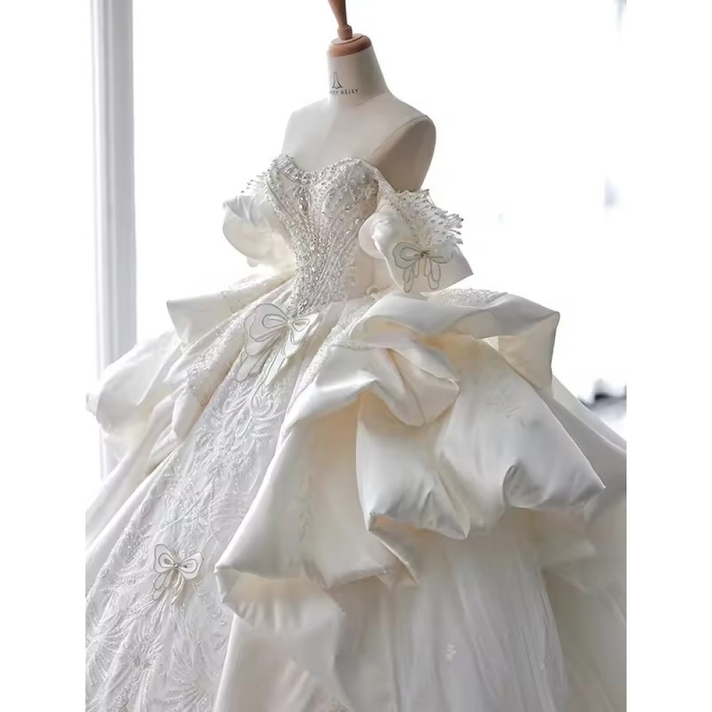luxurious Customized Off-Shoulder Heavy Industry Luxury Light Diamond Wedding Dress Bride Princess Large Tail White Court Wedding Dress