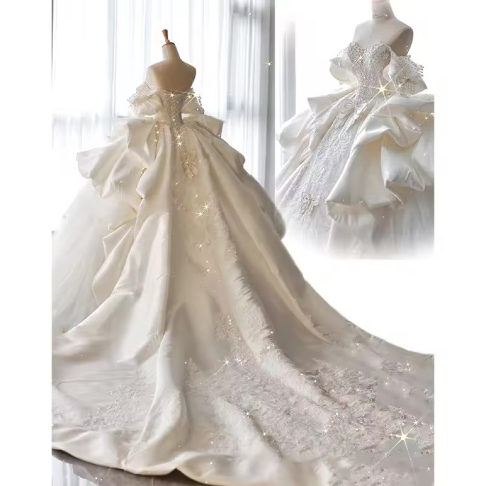 luxurious Customized Off-Shoulder Heavy Industry Luxury Light Diamond Wedding Dress Bride Princess Large Tail White Court Wedding Dress