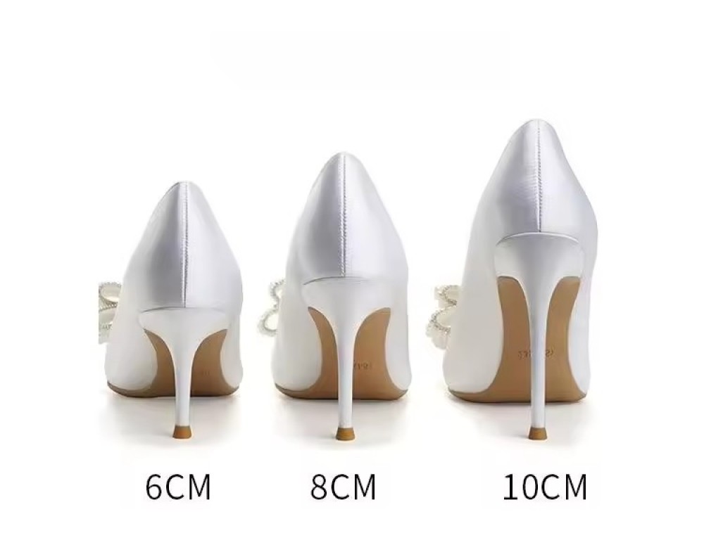 luxurious Customized New White Wedding Shoes Satin Pearl Bow Bridesmaid Glamorous Point Toe Ladies High Heel Shoes Luxury Bridal Heels