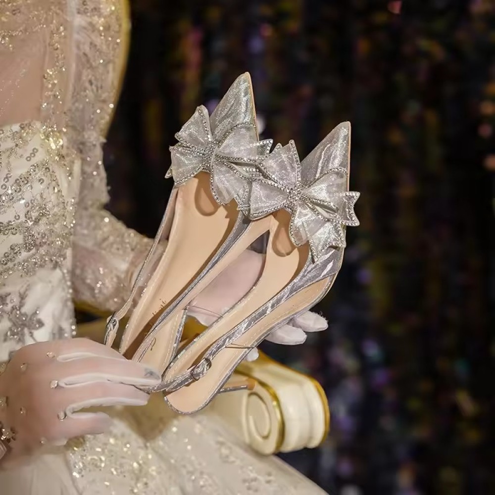 luxurious Customized Crystal High Heels Butterfly Wedding Shoes  Rhinestone Point Toe Thin Heels Sling Back Women's Sandals Gold Bridal Shoe