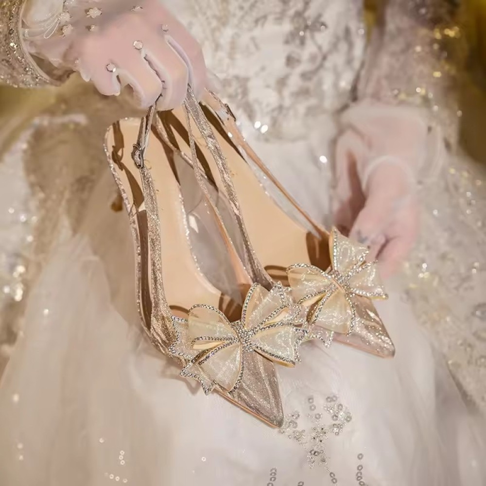 luxurious Customized Crystal High Heels Butterfly Wedding Shoes  Rhinestone Point Toe Thin Heels Sling Back Women's Sandals Gold Bridal Shoe