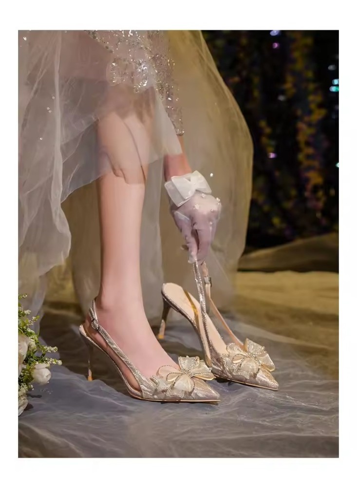 luxurious Customized Crystal High Heels Butterfly Wedding Shoes  Rhinestone Point Toe Thin Heels Sling Back Women's Sandals Gold Bridal Shoe