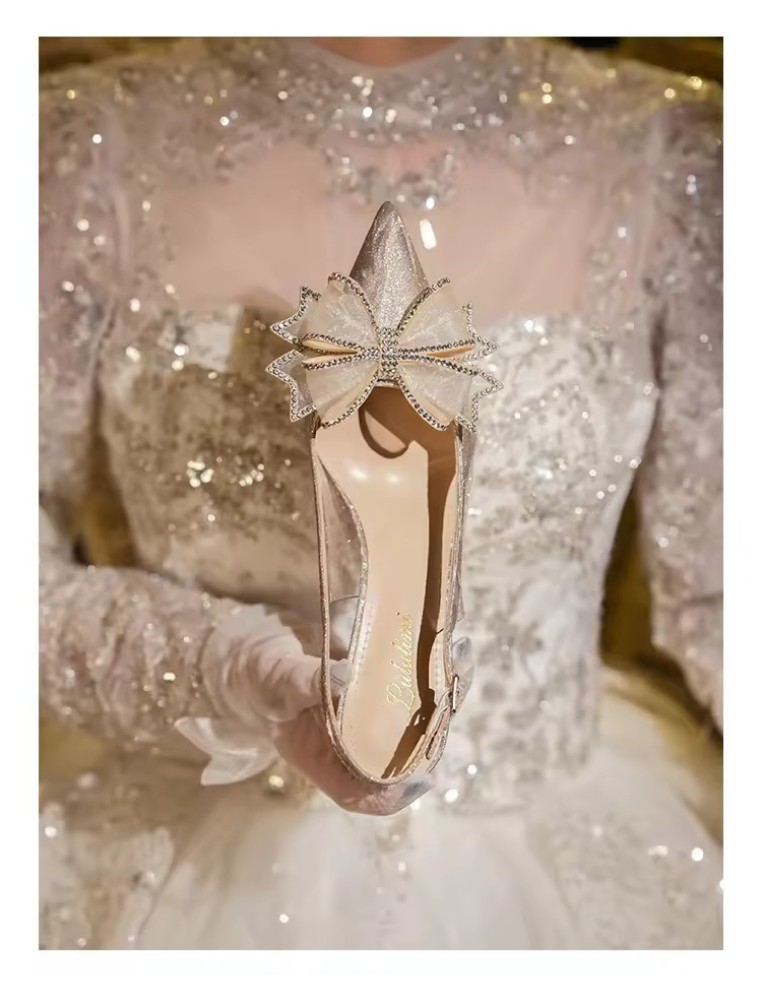 luxurious Customized Crystal High Heels Butterfly Wedding Shoes  Rhinestone Point Toe Thin Heels Sling Back Women's Sandals Gold Bridal Shoe