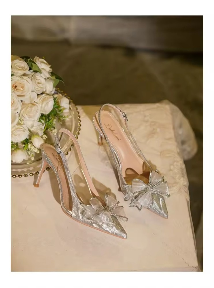 luxurious Customized Crystal High Heels Butterfly Wedding Shoes  Rhinestone Point Toe Thin Heels Sling Back Women's Sandals Gold Bridal Shoe