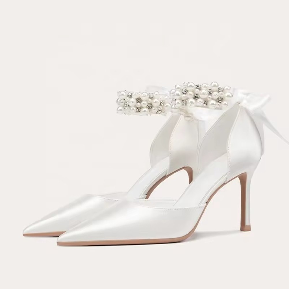 luxurious Customized Elegant White Satin Leather Wedding Shoes High Quality Custom Ankle Peals High Heels Bridal Wedding Shoes for Women