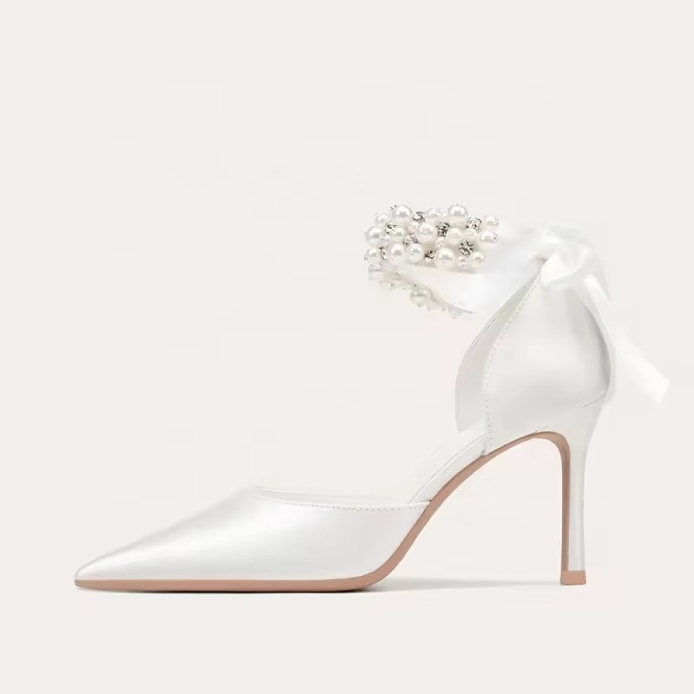 luxurious Customized Elegant White Satin Leather Wedding Shoes High Quality Custom Ankle Peals High Heels Bridal Wedding Shoes for Women
