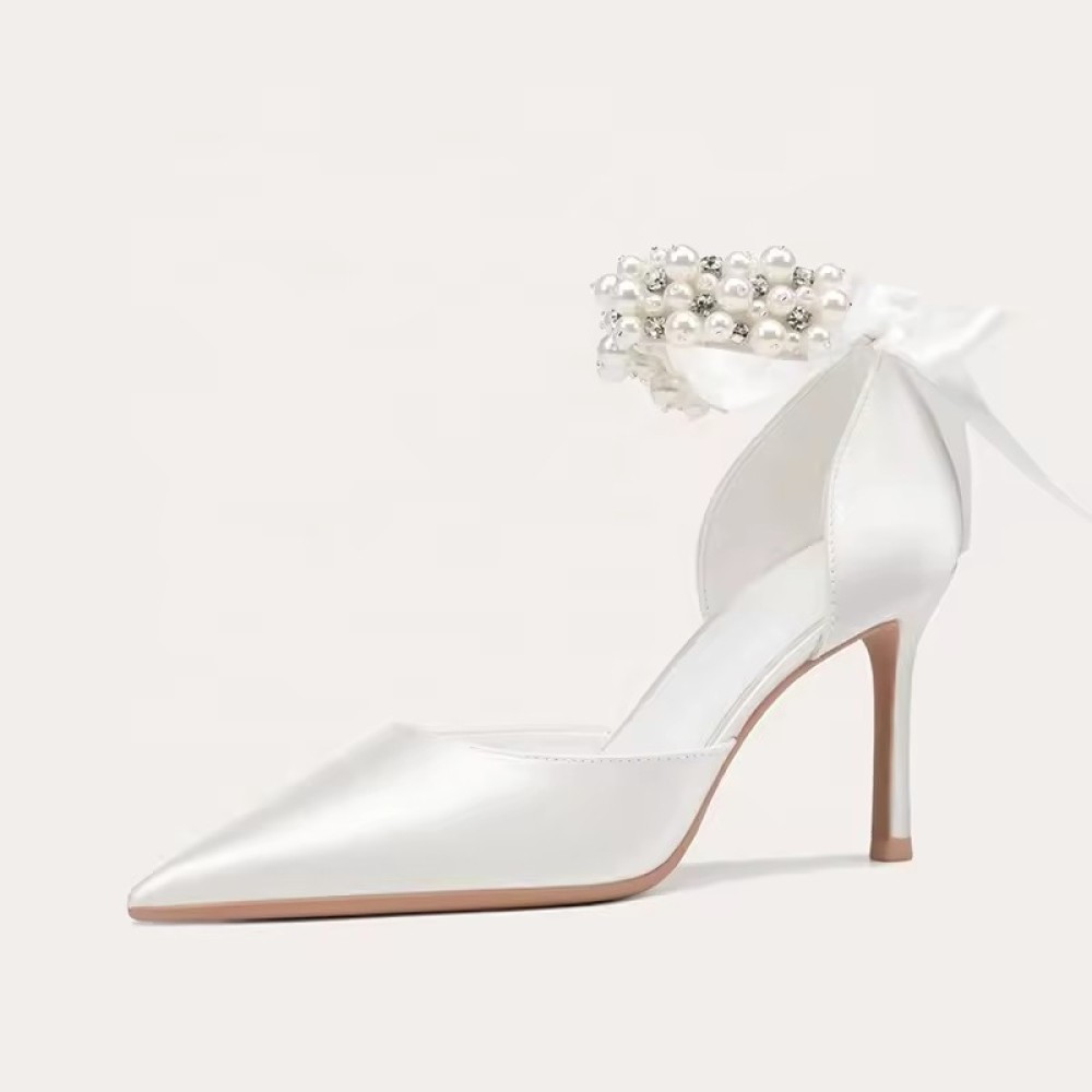 luxurious Customized Elegant White Satin Leather Wedding Shoes High Quality Custom Ankle Peals High Heels Bridal Wedding Shoes for Women