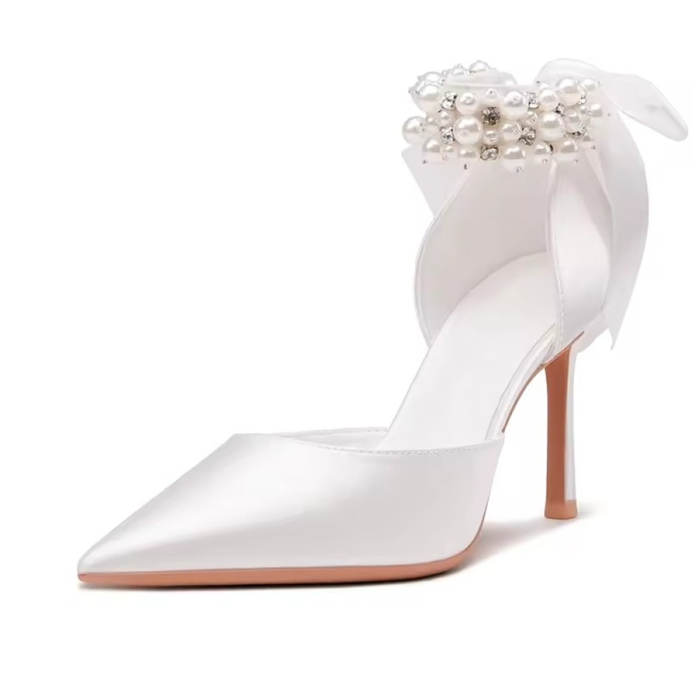 luxurious Customized Elegant White Satin Leather Wedding Shoes High Quality Custom Ankle Peals High Heels Bridal Wedding Shoes for Women