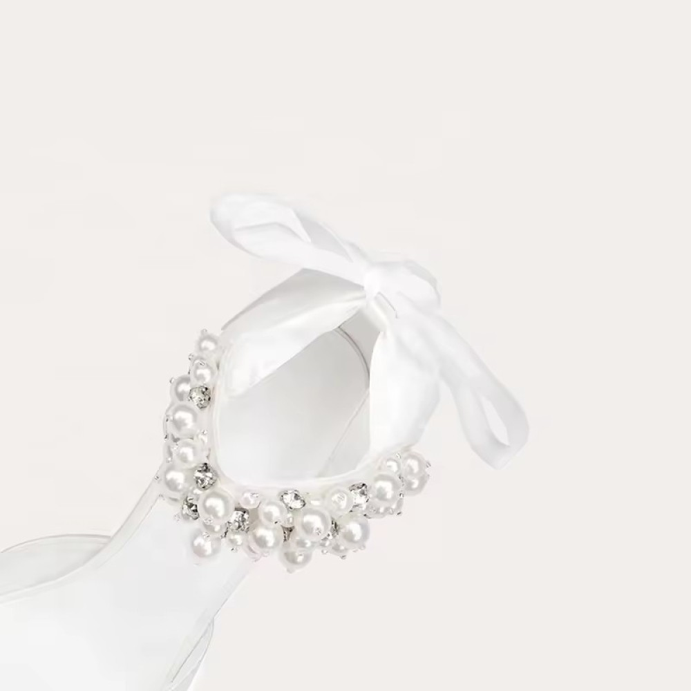 luxurious Customized Elegant White Satin Leather Wedding Shoes High Quality Custom Ankle Peals High Heels Bridal Wedding Shoes for Women