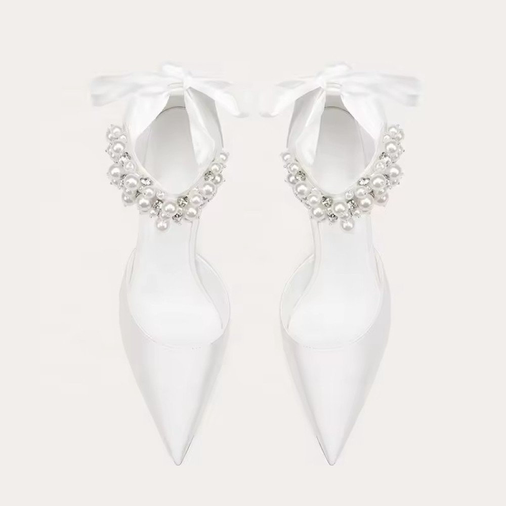 luxurious Customized Elegant White Satin Leather Wedding Shoes High Quality Custom Ankle Peals High Heels Bridal Wedding Shoes for Women