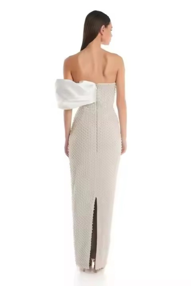 luxurious Customized New White Luxury Evening Shoulder Tulle Pearls Beaded Strapless Women Dresses Elegant
