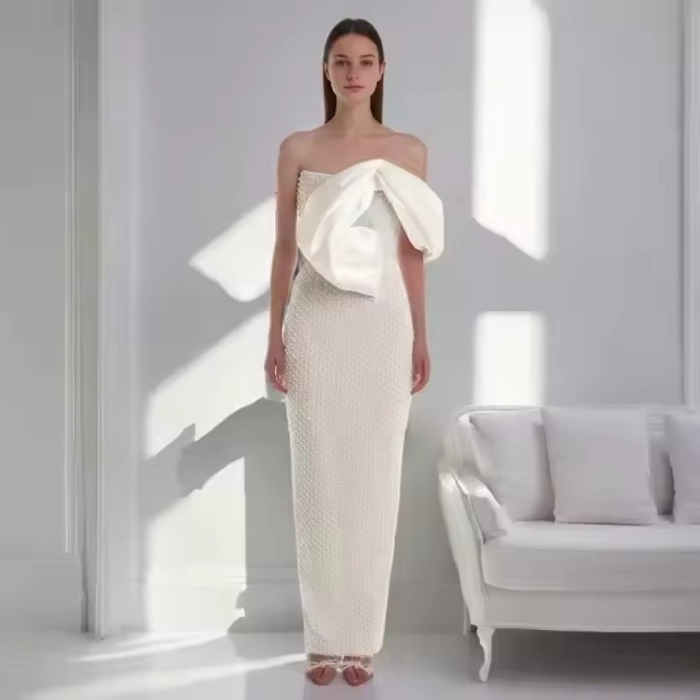 luxurious Customized New White Luxury Evening Shoulder Tulle Pearls Beaded Strapless Women Dresses Elegant