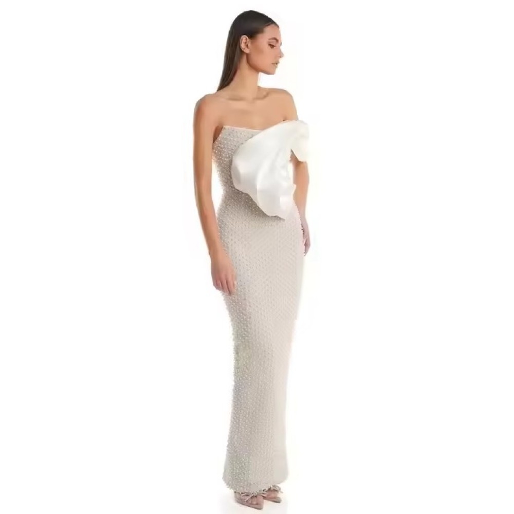 luxurious Customized New White Luxury Evening Shoulder Tulle Pearls Beaded Strapless Women Dresses Elegant