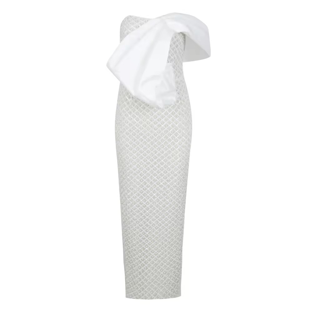 luxurious Customized New White Luxury Evening Shoulder Tulle Pearls Beaded Strapless Women Dresses Elegant