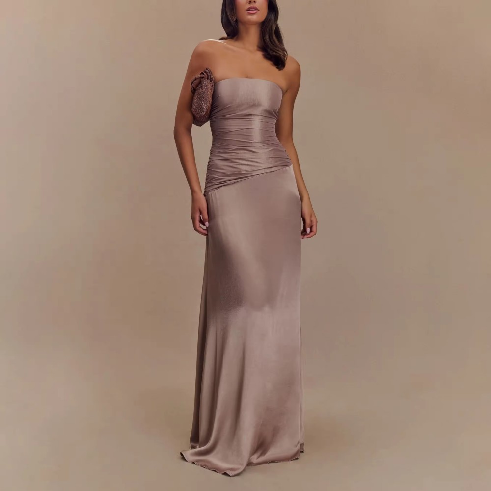 luxurious Customized High Quality Latest Design Party Women Strapless Flower Decoration Taffeta Maxi Dress