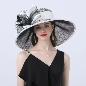 Customized Flat Top Girls Gift Bow Knot Big Flower Lace Wide Brim Bride Afternoon Tea Party Church Organza Fedor Hat