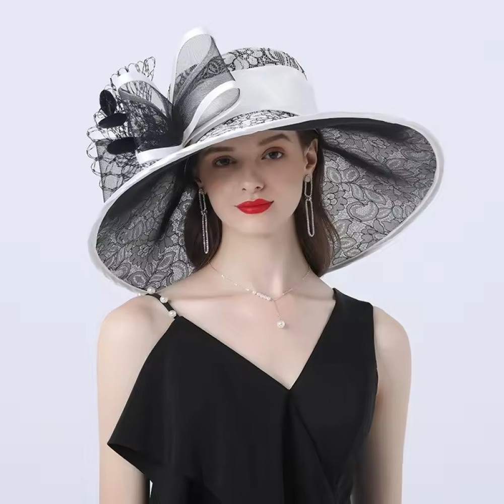 Customized Flat Top Girls Gift Bow Knot Big Flower Lace Wide Brim Bride Afternoon Tea Party Church Organza Fedor Hat