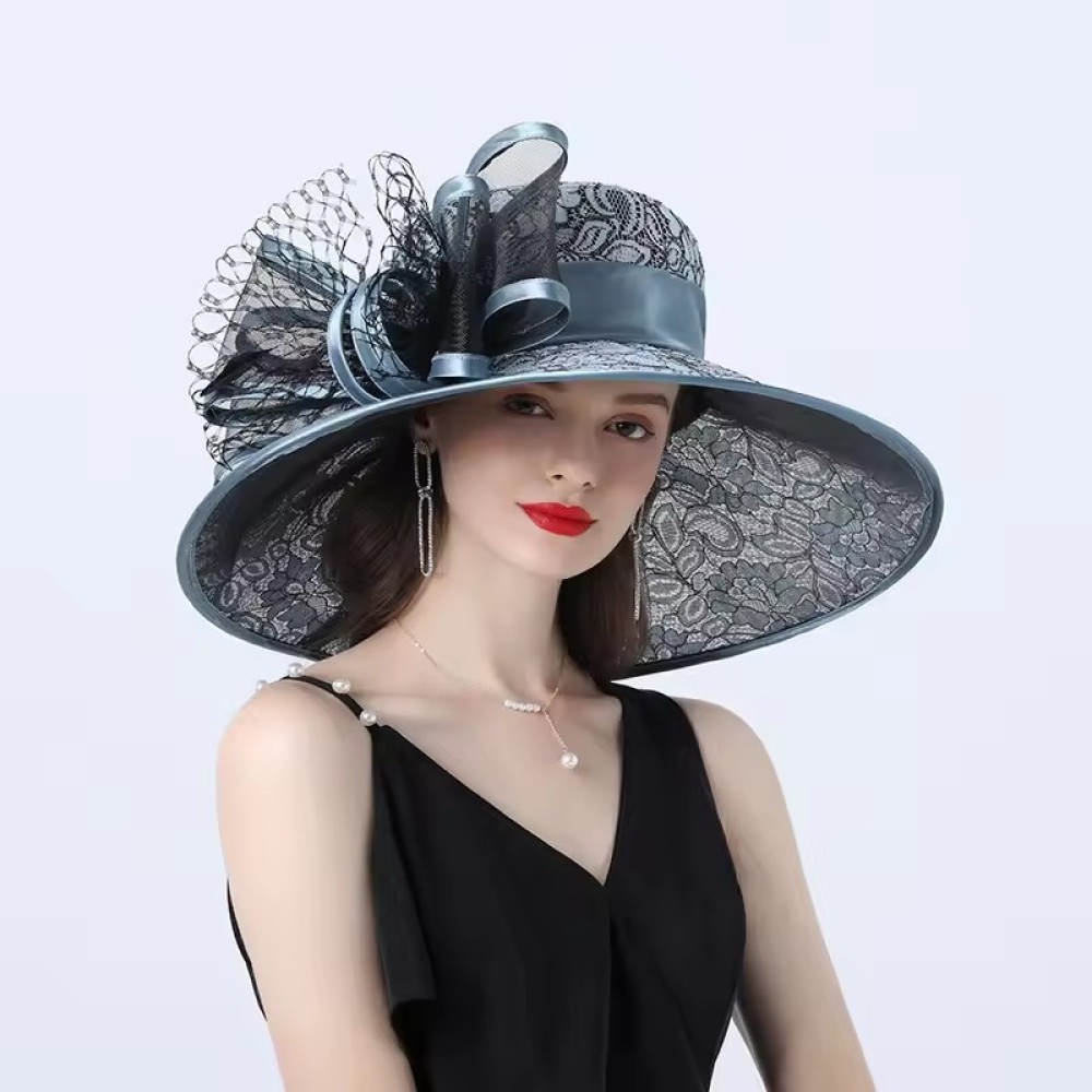 Customized Flat Top Girls Gift Bow Knot Big Flower Lace Wide Brim Bride Afternoon Tea Party Church Organza Fedor Hat
