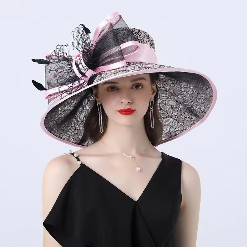 Customized Flat Top Girls Gift Bow Knot Big Flower Lace Wide Brim Bride Afternoon Tea Party Church Organza Fedor Hat
