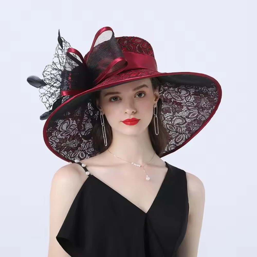 Customized Flat Top Girls Gift Bow Knot Big Flower Lace Wide Brim Bride Afternoon Tea Party Church Organza Fedor Hat