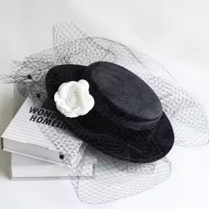 Customized Velvet Lace Wedding Party Cap Hepburn Style Elegant Luxury Black Top Hat With White Rose Bride Hats