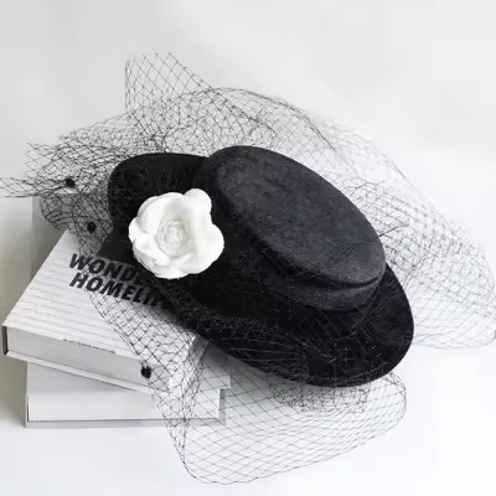 Customized Velvet Lace Wedding Party Cap Hepburn Style Elegant Luxury Black Top Hat With White Rose Bride Hats