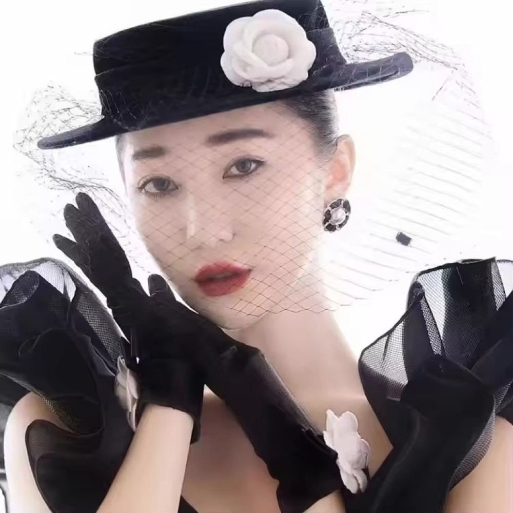Customized Velvet Lace Wedding Party Cap Hepburn Style Elegant Luxury Black Top Hat With White Rose Bride Hats