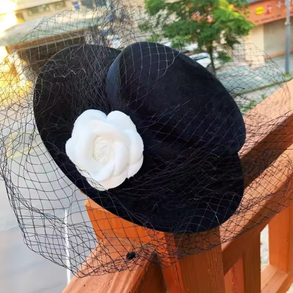 Customized Velvet Lace Wedding Party Cap Hepburn Style Elegant Luxury Black Top Hat With White Rose Bride Hats