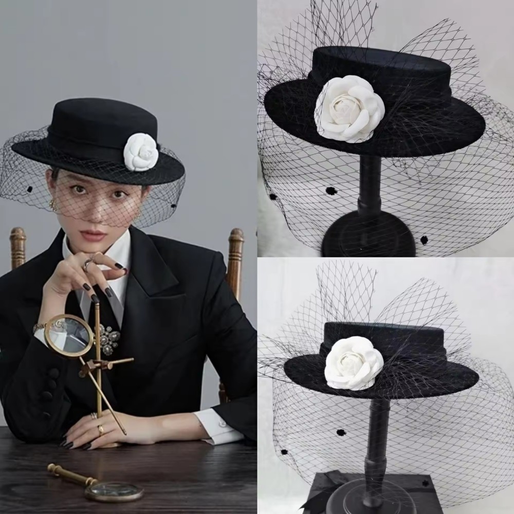 Customized Velvet Lace Wedding Party Cap Hepburn Style Elegant Luxury Black Top Hat With White Rose Bride Hats