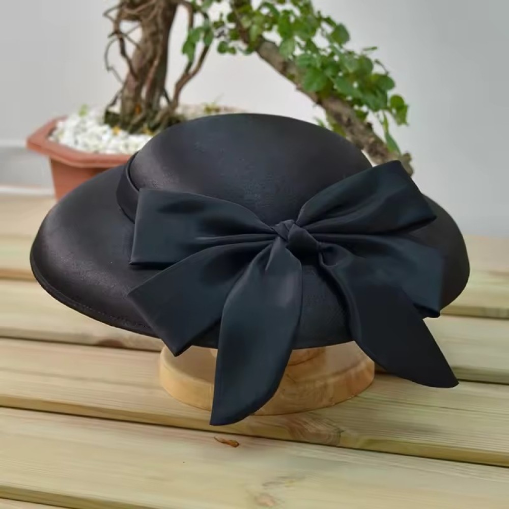 Customized Wedding Party Wide Brim Hat for Women Vintage Satin Fabric Elegant Bow Deep Top Hats Church Hat Bucket Cap