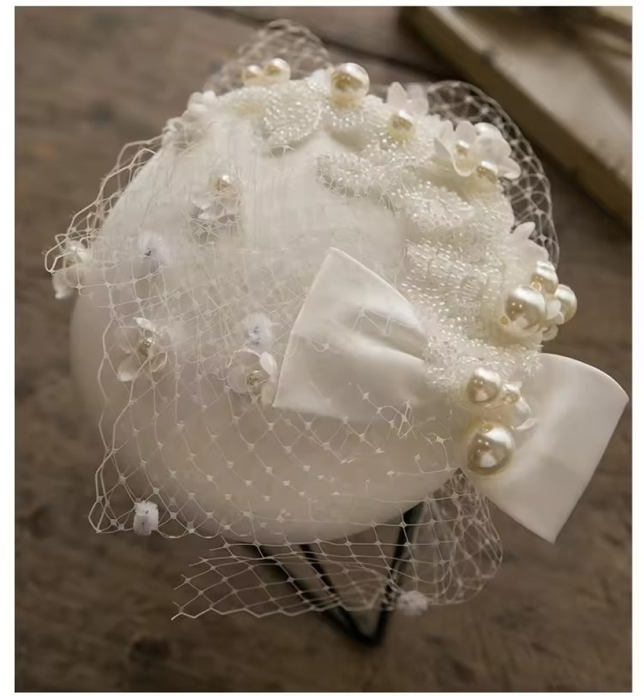 Customized French British Pearl Flower Mesh Dress Top Hat High Quality Party White Wedding Hats for Women