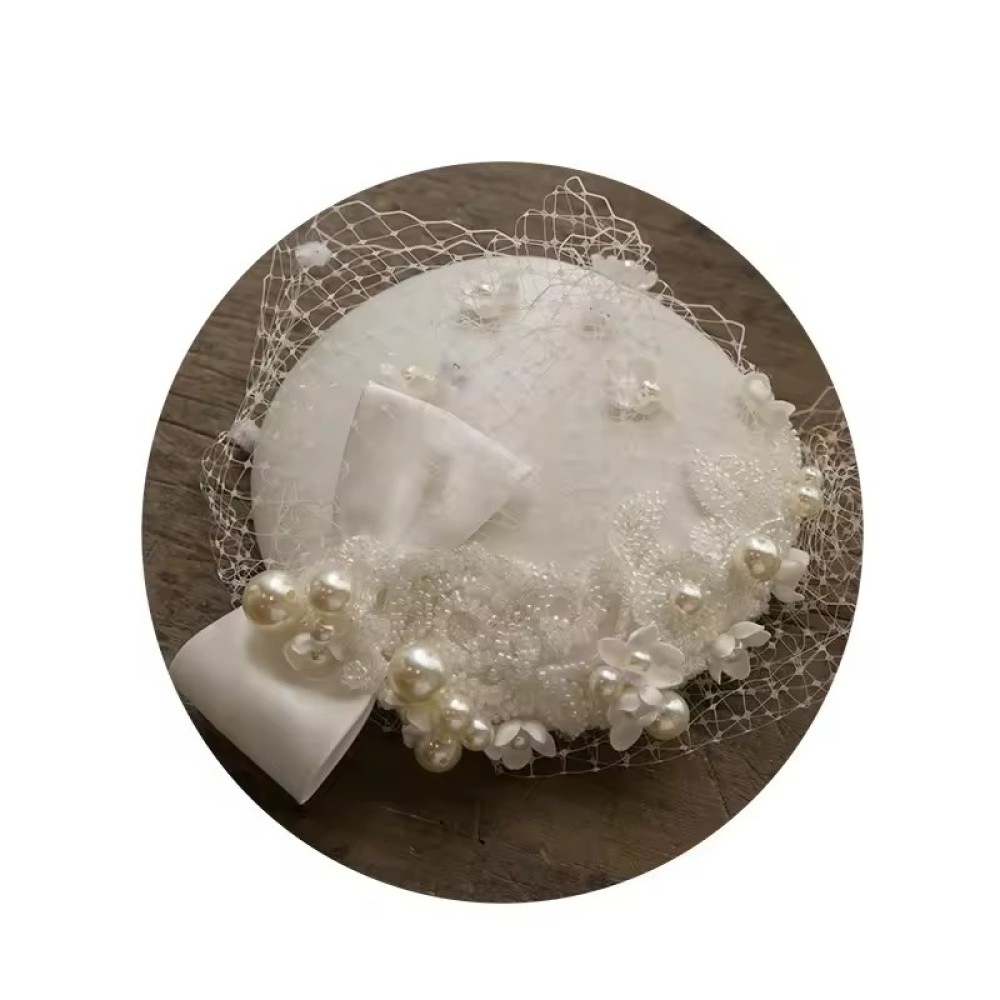 Customized French British Pearl Flower Mesh Dress Top Hat High Quality Party White Wedding Hats for Women