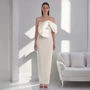 luxurious Customized New White Luxury Evening Shoulder Tulle Pearls Beaded Strapless Women Dresses Elegant